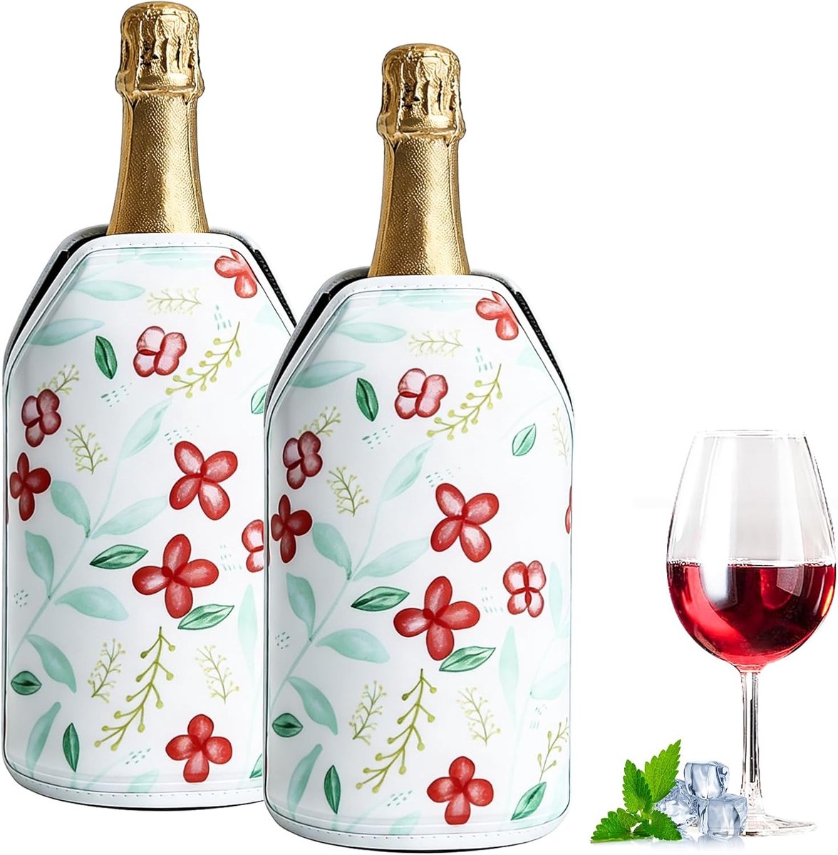 Wijnkoeler, manchet, 2 stuks, flessenkoeler, manchet, koelmanchet voor wijn met elastiek en print, draagbare reis-isolerende koelmanchet, champagnefles voor champagne, wijn, champagne, flessen