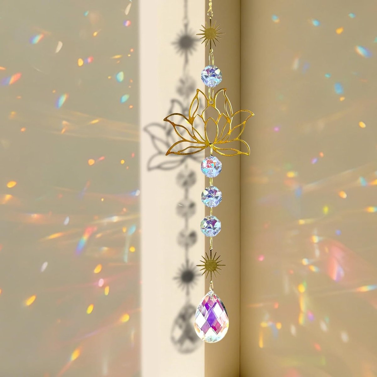 Zonnevanger met Lotusbloem, 45 cm, Hangend Kristallen Ornament — Ideaal voor raamdecoratie, huis, kantoor, auto en tuin