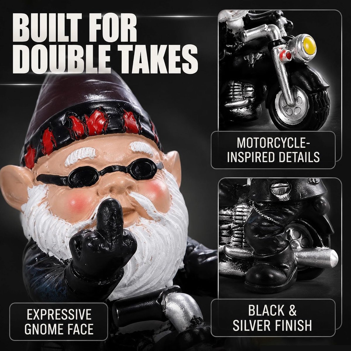 Tuinkabouter voor motorfiets, dwerg, 13,3 x 13 cm, standbeeld, waterdicht, zonwering, tuindecoratie voor de tuin, grappig, motorcadeaus voor mannen, decoratie voor het balkon