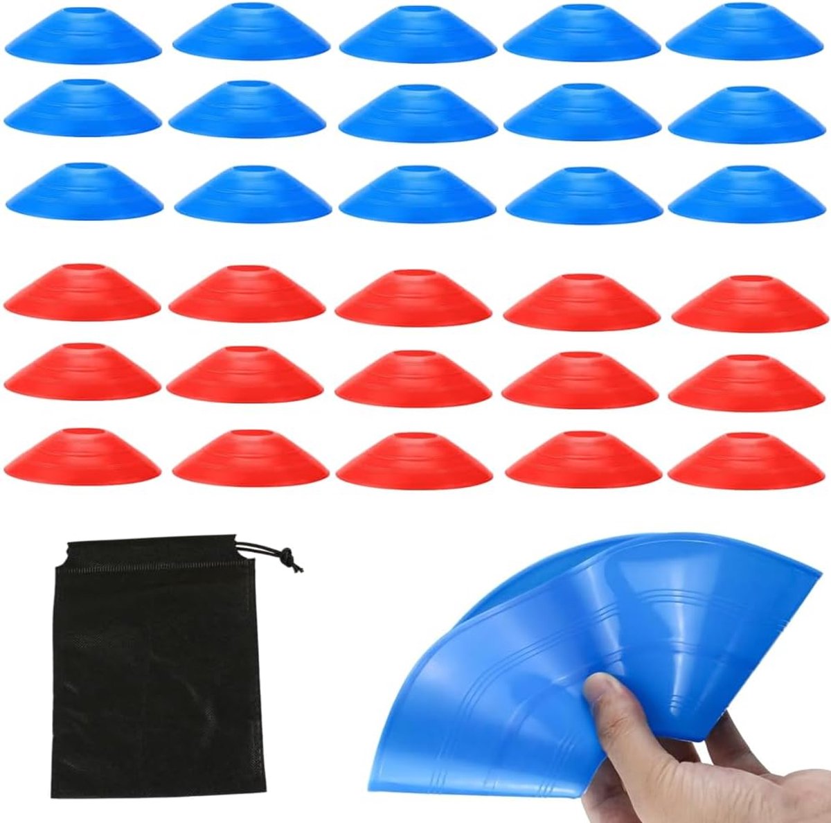 30 stuks behendigheidskonen voor voetbal met draagtas, 15 rood en 15 blauw, voor voetbaltraining, basketbaltraining, coaching en behendigheidsspellen binnen en buiten