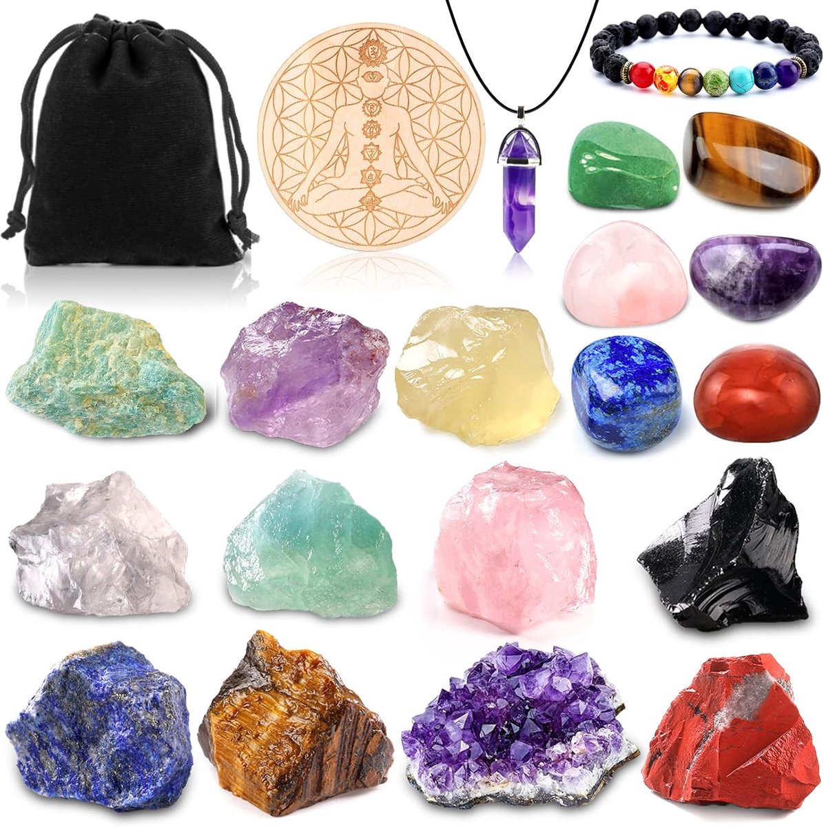 Chakra-steenset, kristallen geneeskrachtige stenen set, 21 stuks Chakra stenen set, edelstenen set, geneeskrachtige kristallen, voor kristaltherapie, meditatie, geneeskrachtige edelstenen