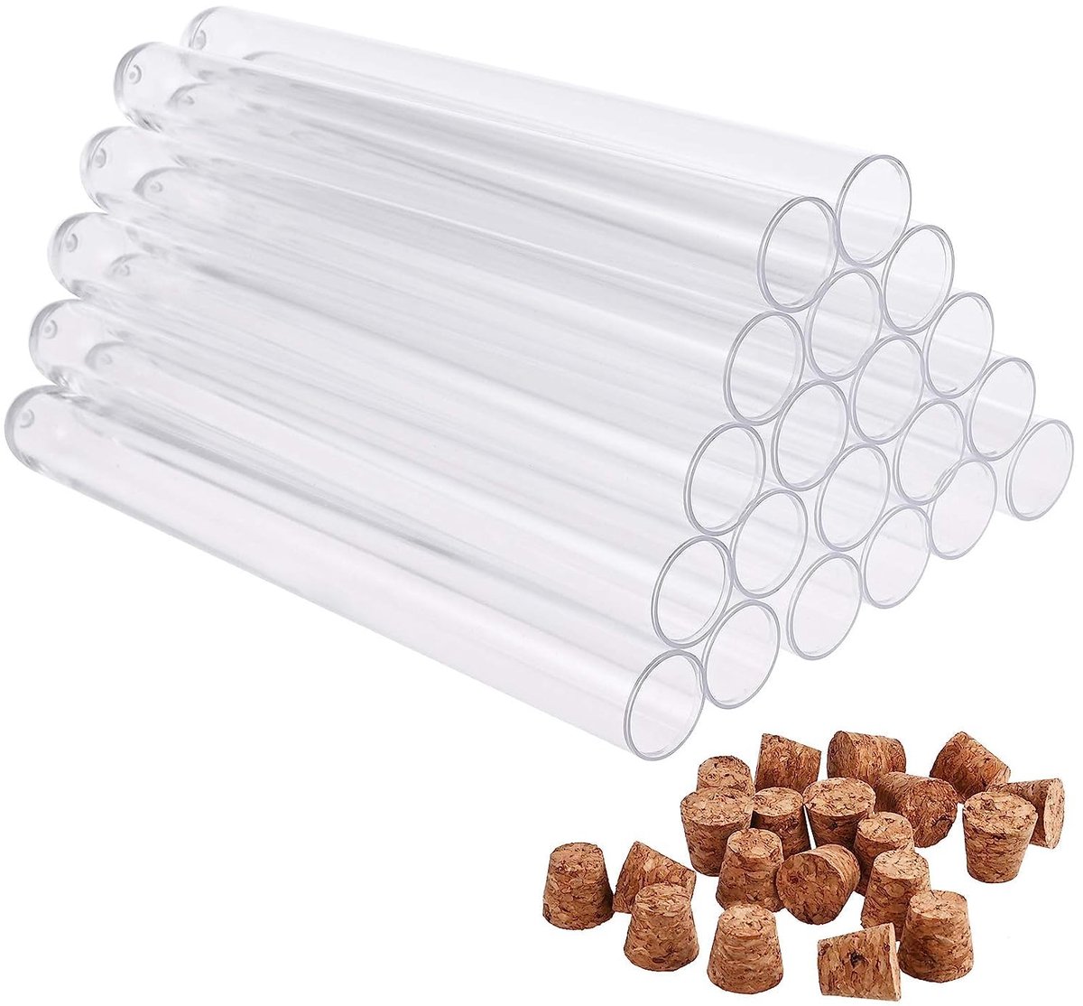 20 stuks reageerbuisjes, kunststof, transparant, reageerbuisjes met kurk (150 x 16 mm) 20 ml