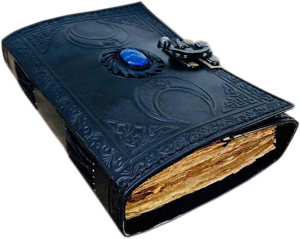 Handgemaakt lederen dagboek, lapis, kristal, zwart, drievoudige maan, boek van schaduwen, antiek papier met scheprand, schetsboek, boek met toverformules, heilige geometrie