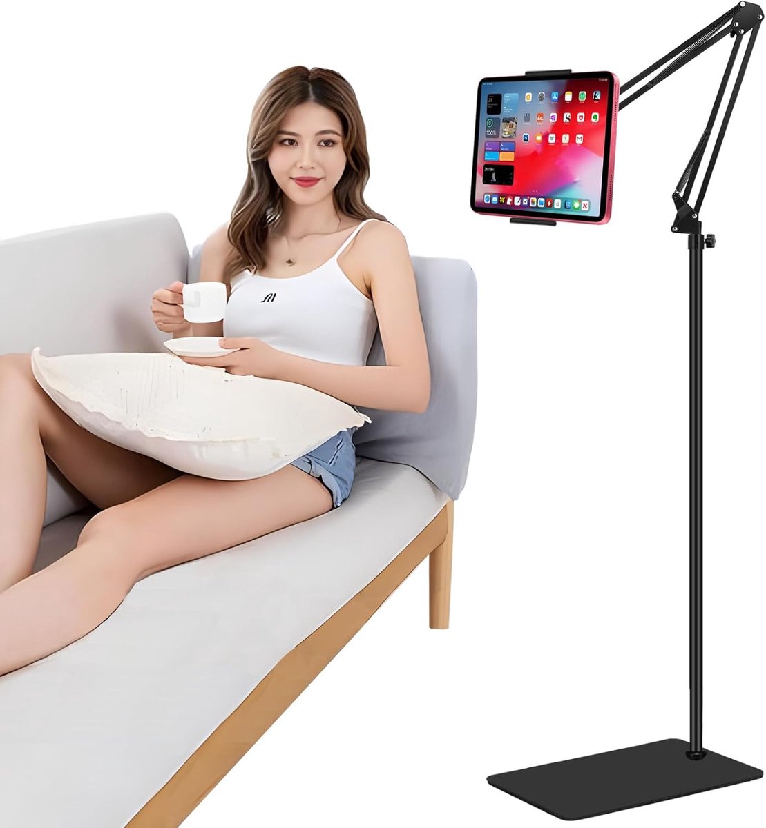 vloerstandaard met dubbele gewichtsbasis, in hoogte verstelbare telefoonstandaard boven het bed/ uitbreekbare arm tablethouder, compatibel met 4,5''-13'' iPhone, iPad, Galaxy Tab, Kindle of