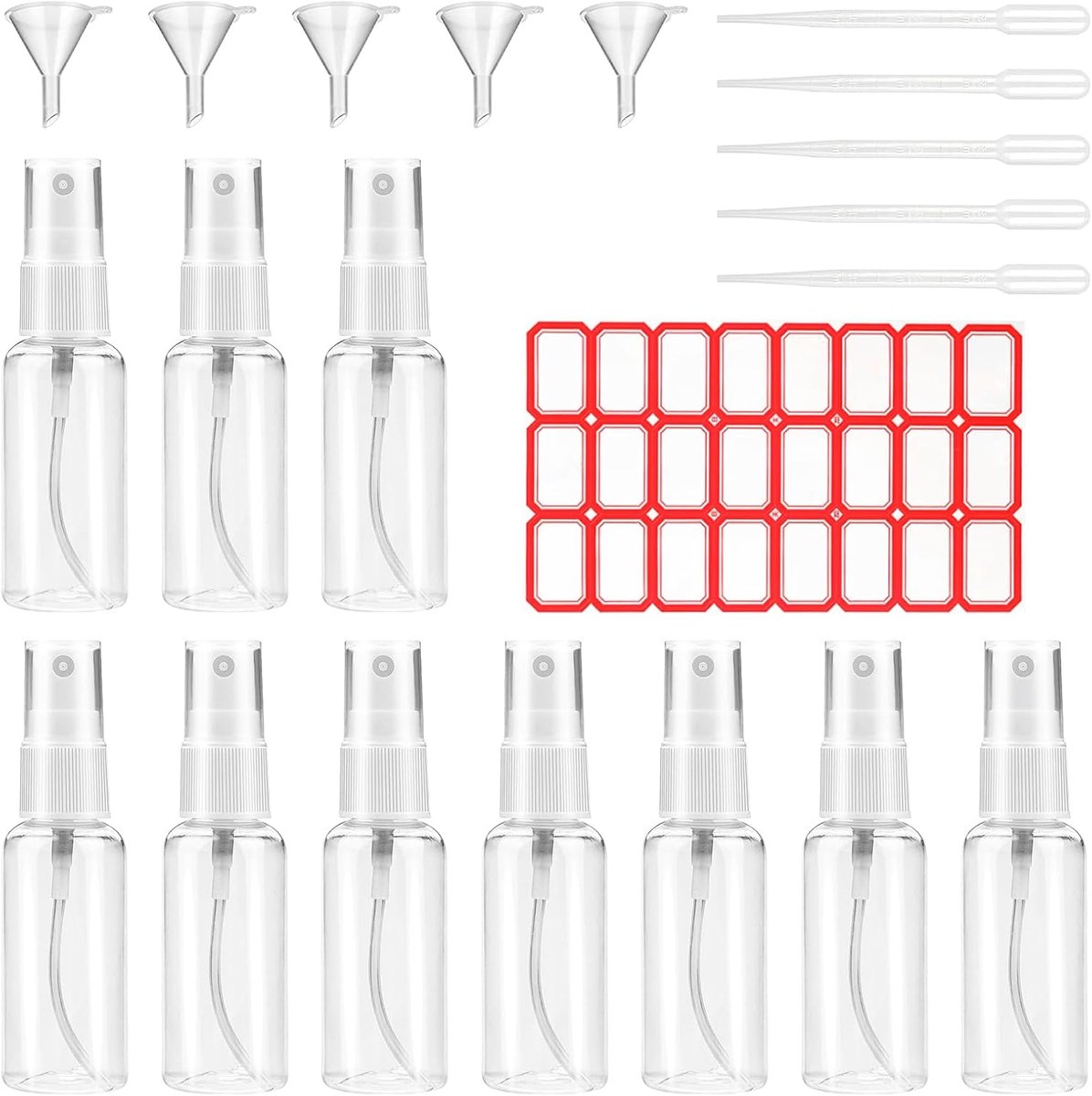 10 stuks lege spuitflessen, 100 ml, parfum, shampoo enz., met 5 x trechter, 5 x telling – druppels en 1 x etiket