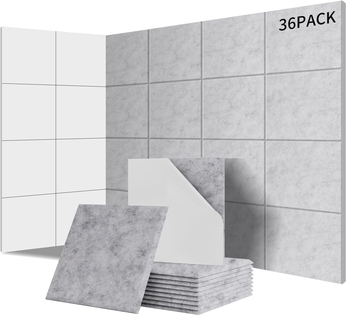 SnelShoppen - Akoestische Panelen Set van 36 Zelfklevende Geluidsisolatie voor Muren en Deuren - Zilvergrijs, 3,24m², 100% Polyester, NRC 0,95, 230 kg