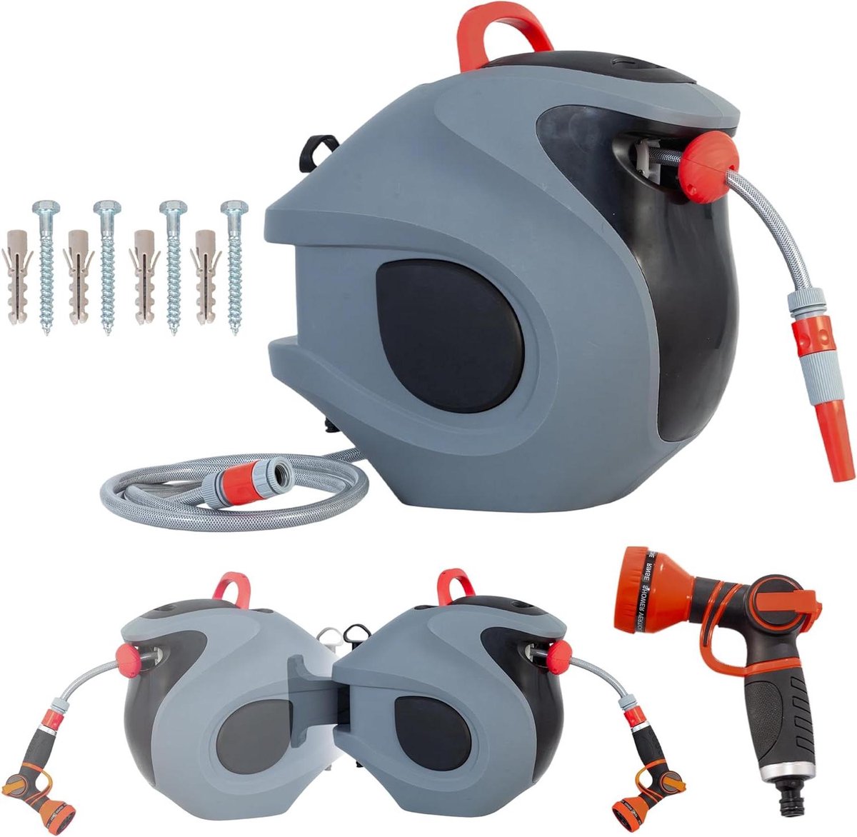 Automatische Slanghaspel - Tuinslang opberger - Tuin bewateren - 180° draaibare muurbevestiging - 30 meter slang - Grijs
