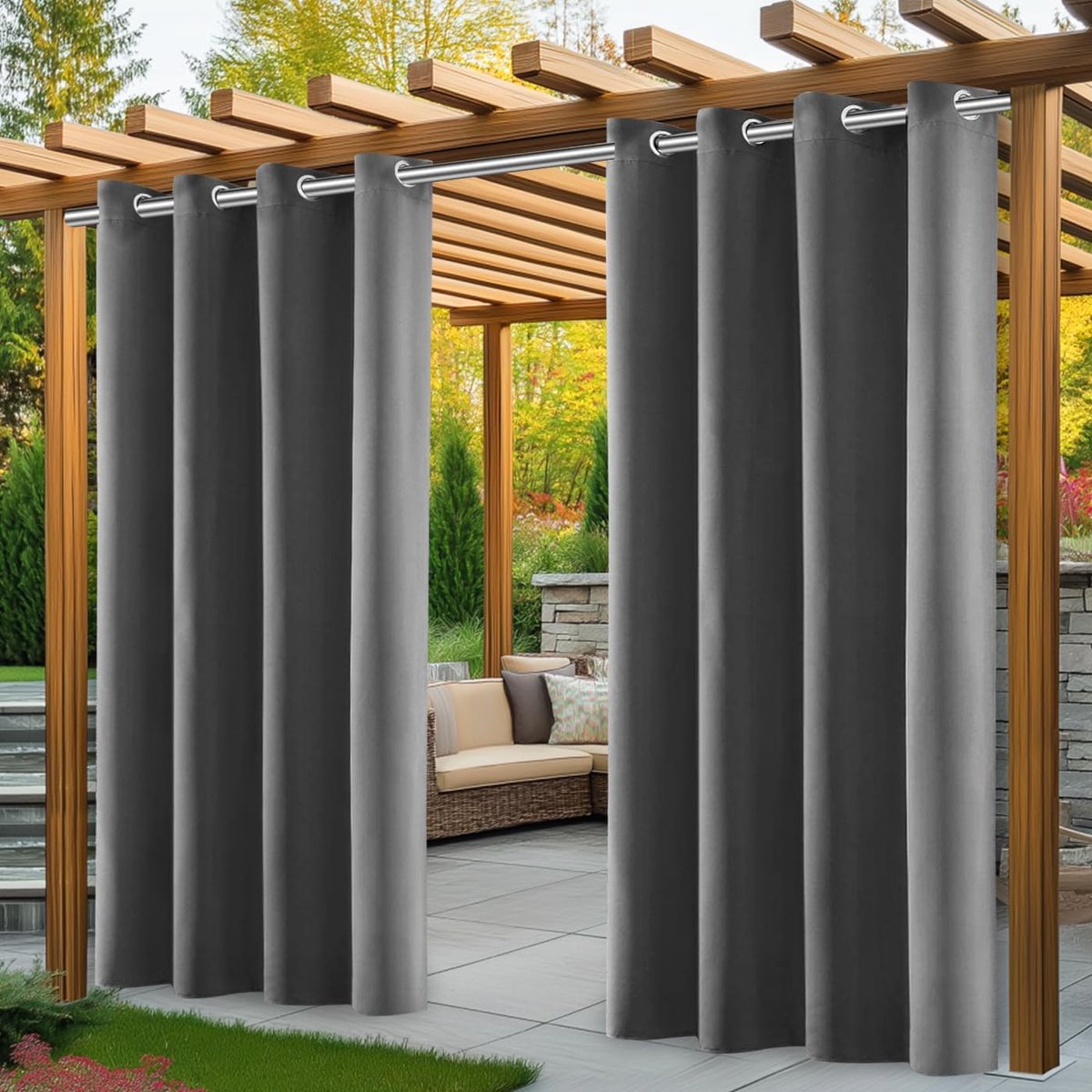 SnelShoppen - Set van 2 weerbestendige Outdoorgordijnen, waterdicht met ingestanste ringen, zonwering en inkijkbescherming voor terras, balkon, pavilj