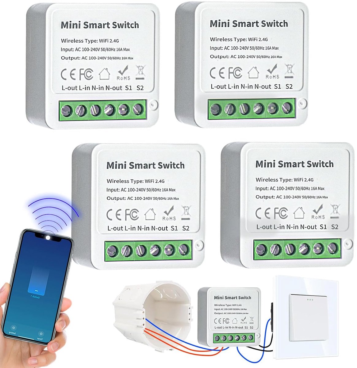 Slimme lichtschakelaar module 4 stuks - mini WiFi schakelaar - compatibel met Tuya, Alexa en Google Home - ShopVlot