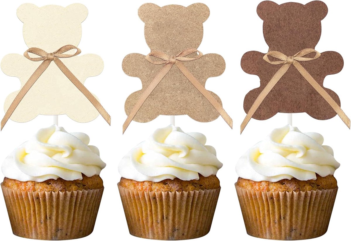 Topper Beer 24 Stuks Taartdecoratie Baby Shower Teddybeer met Strik Muffin Decoratie Papier Bruin Beige voor Gender Reveal 1e Verjaardag Doop Boho Feest Benodigdheden