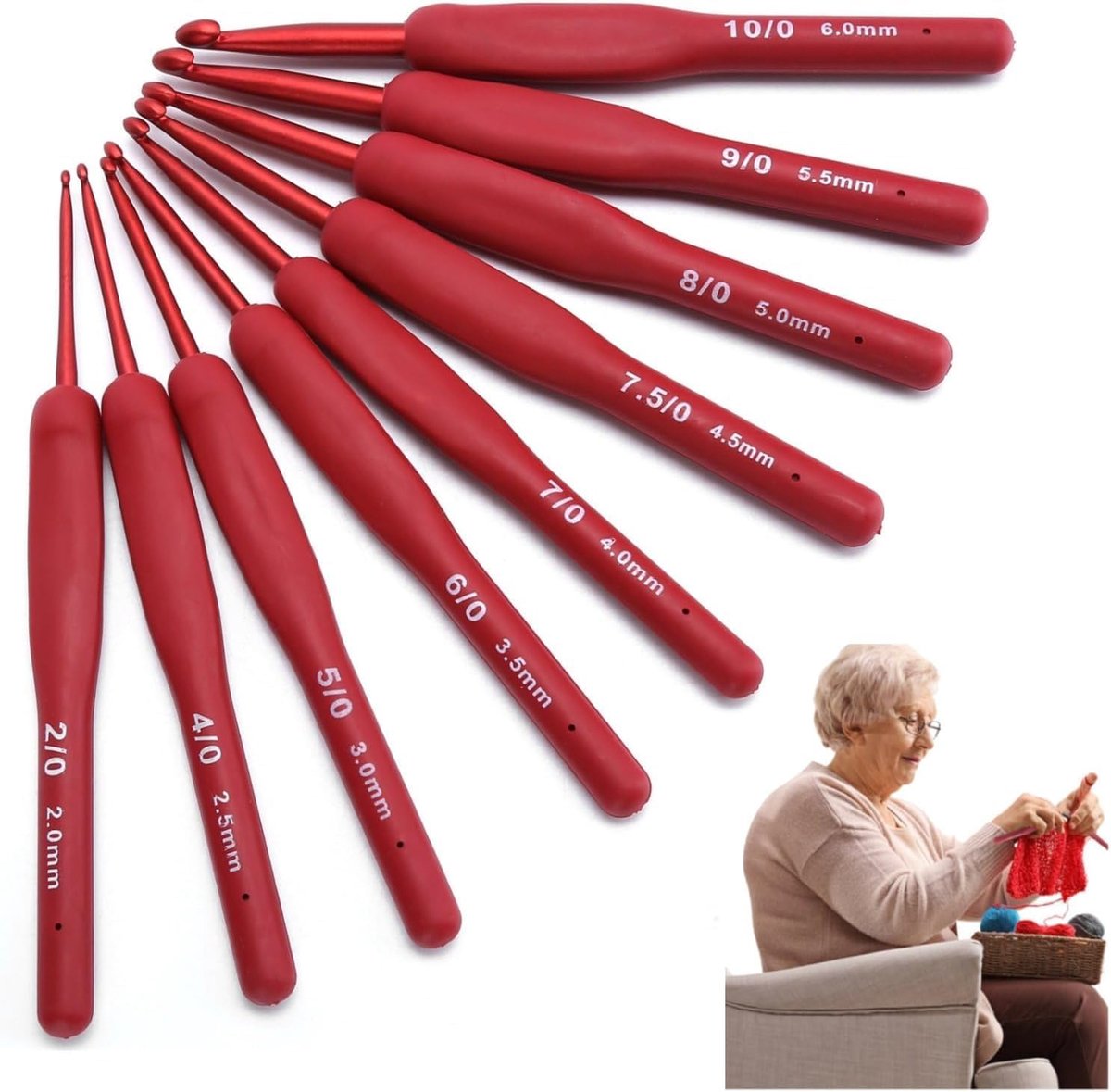 Haaknaalden Set, Ergonomische Aluminium Haaknaalden met Zachte Greep 9-delige Set voor Beginners en Gevorderden