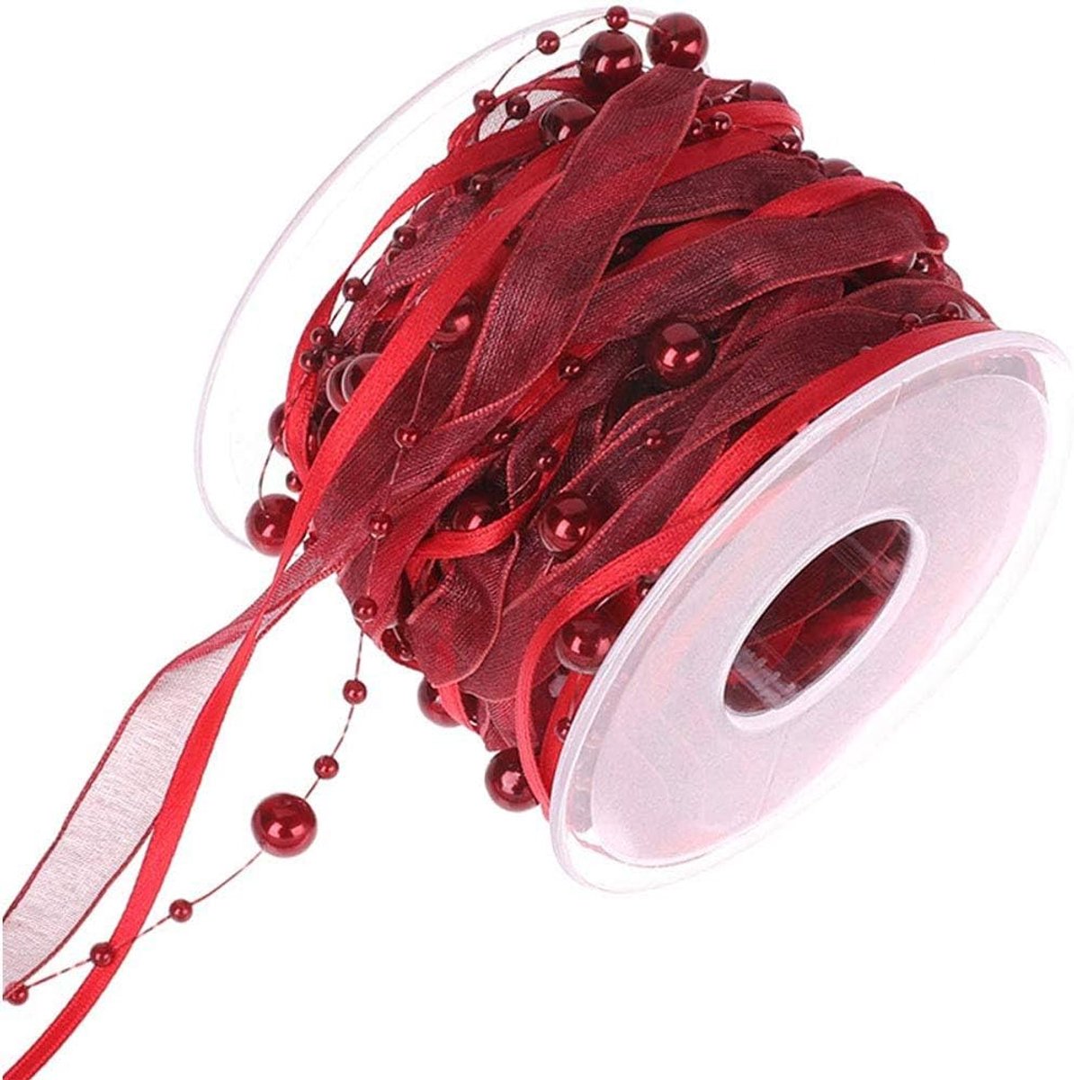 10M Kunstmatige Kraal Lint Chiffon Organza Kant Lint Trims voor Bruiloft Bloem Kerstboom Decoratie Naaien Ambacht Verpakking-Wijn Rood