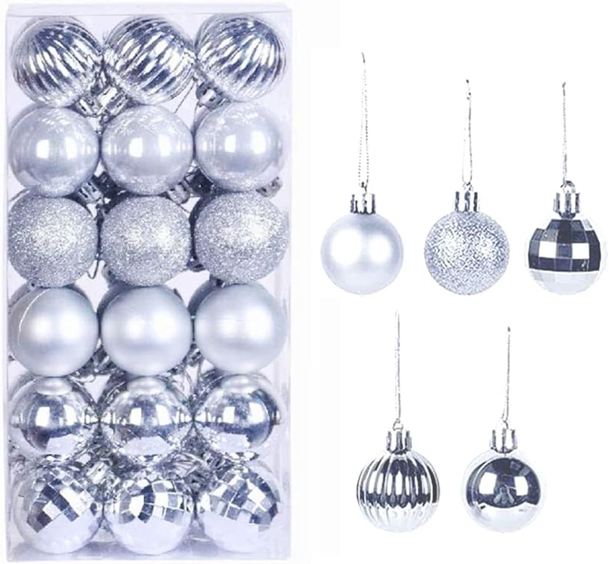 Kerstballen voor woondecoratie, 1,5 inch hangende kerstboomballen, onbreekbare kunststof balornamenten voor vakantie bruiloft feest (zilver, 4 cm)