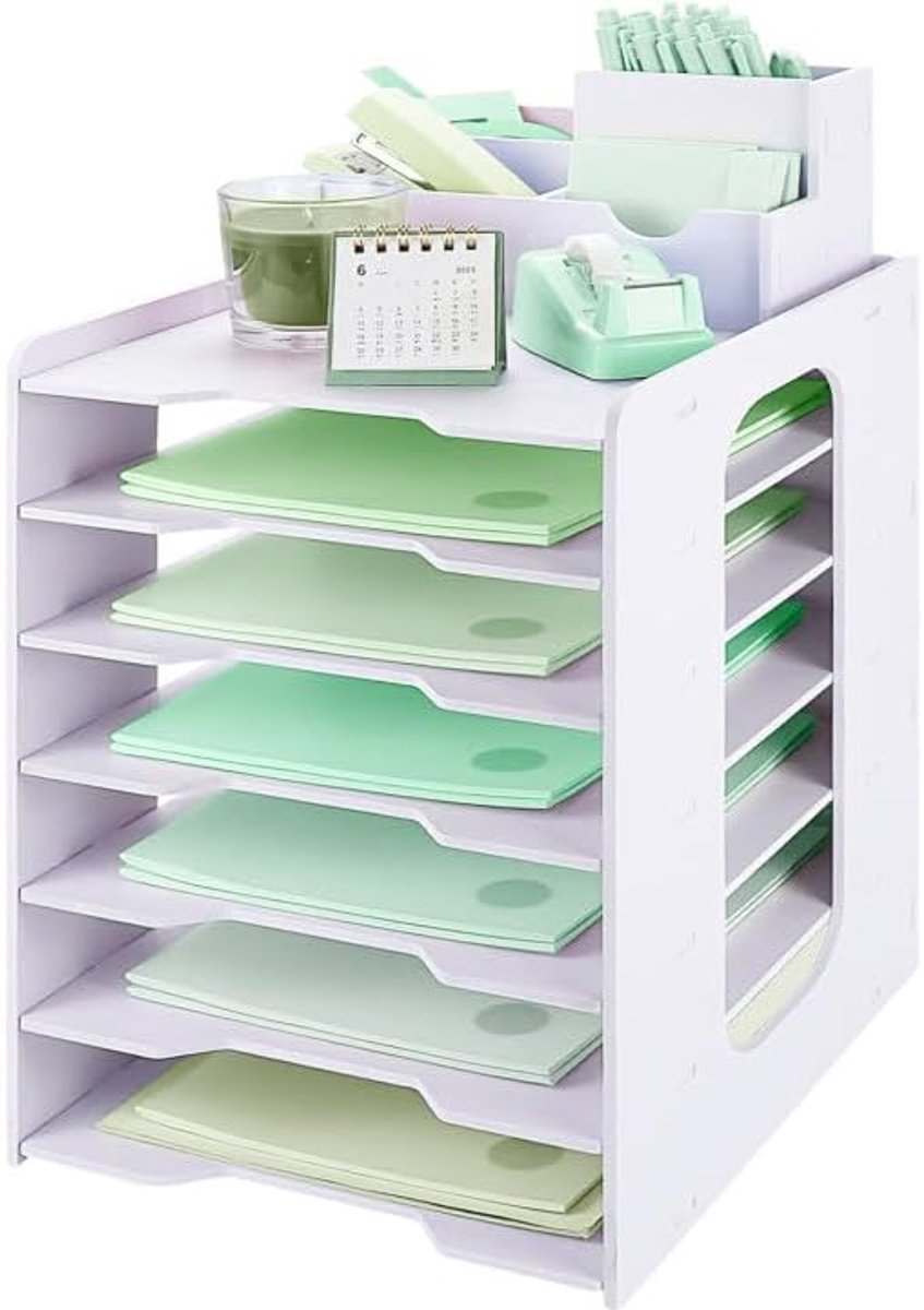 Brievenlade bureauorganizer met archiefladen, 7-laags papierlade met pennenhouder voor kantoor, A4-bureau, opgeruimde organisator, documentenhouder voor kantoor, thuis, school, wit