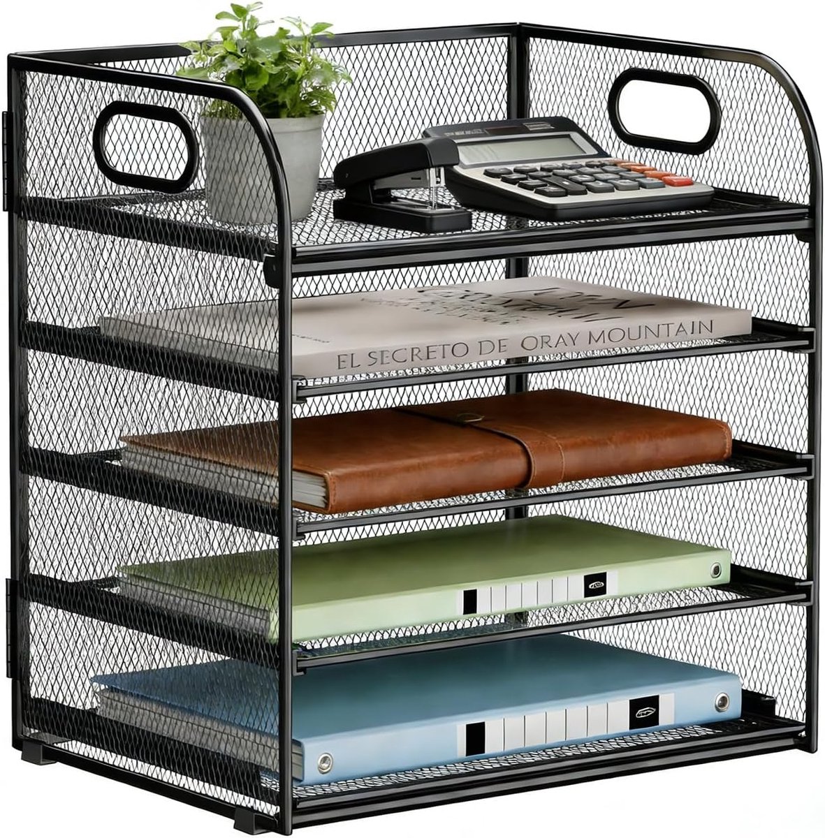 5 niveaus brievenbakje, mesh bureau-organizer, bureau, opbergvakken met handvat, desktoporganizer en opslag voor A4-documentenbak, papier, boek, zwart