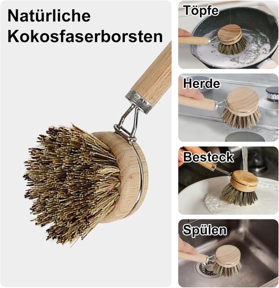afwasborstel hout met 1 reserveborstelkop en afdruiprek, keukenborstel met lange steel, natuurlijke vezelharen, reinigingsborstel voor het reinigen van potten, pannen, servies, kookplaten, spoelbakken — afbeelding 2