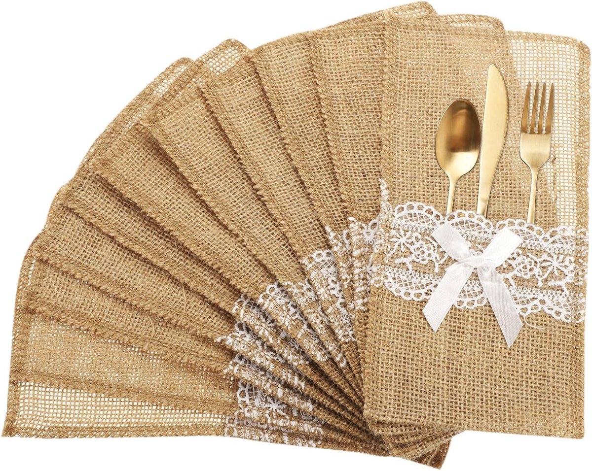 12 stuks bestekhouders van jute-kant, 21 cm x 10 cm, bestekhouder van bestek, natuurlijke jute zak met zijden strik, voor decoratie van feestjes en bruiloften
