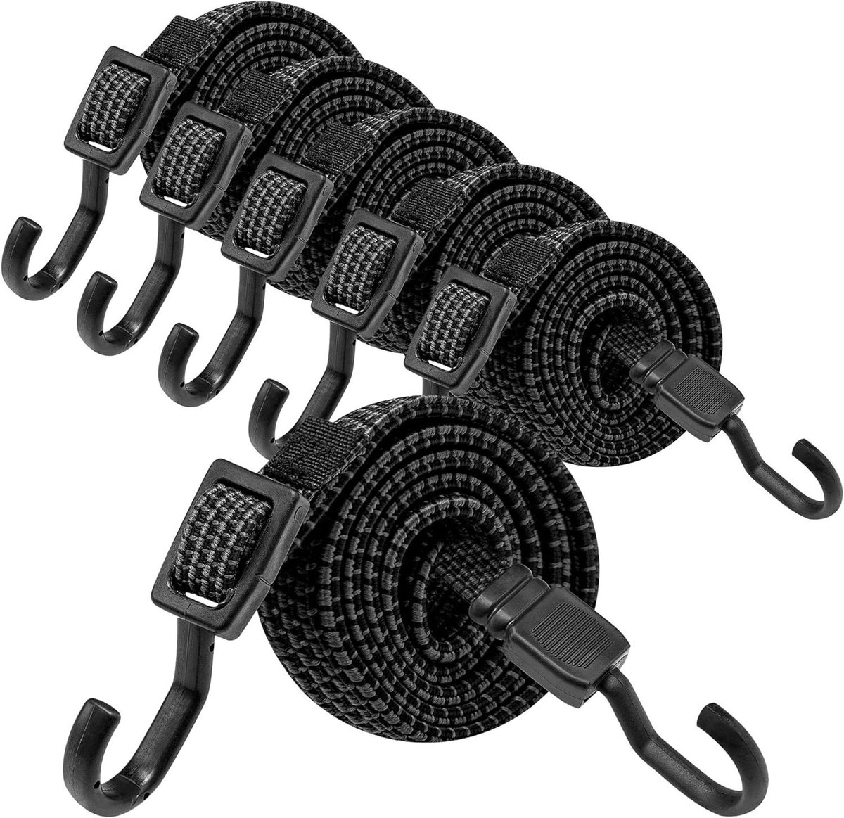 Platte Bungee Koorden - Elastische Spanbanden - Vastzetten van Vracht - Verstelbaar met Haken - 6 stuks 122 cm - Zwart