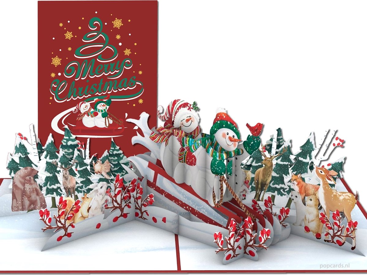 Popcards Pop-up Kaart - Vrolijke Sneeuwpoppen op Slee in Winterbos  3D-kaart (Wenskaart, Vrolijke Kerst, Rendieren, Sneeuw)