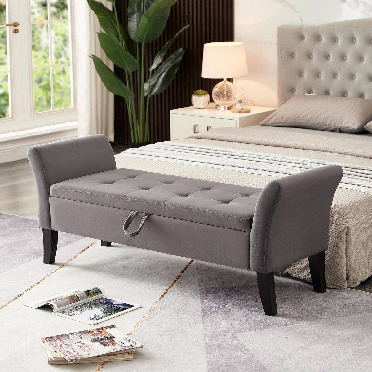 Opbergpoef Bank - Voetenbank Stoel - Extra Zitplaats - Gecapitonneerd Design - 131 cm Breed - Grijs
