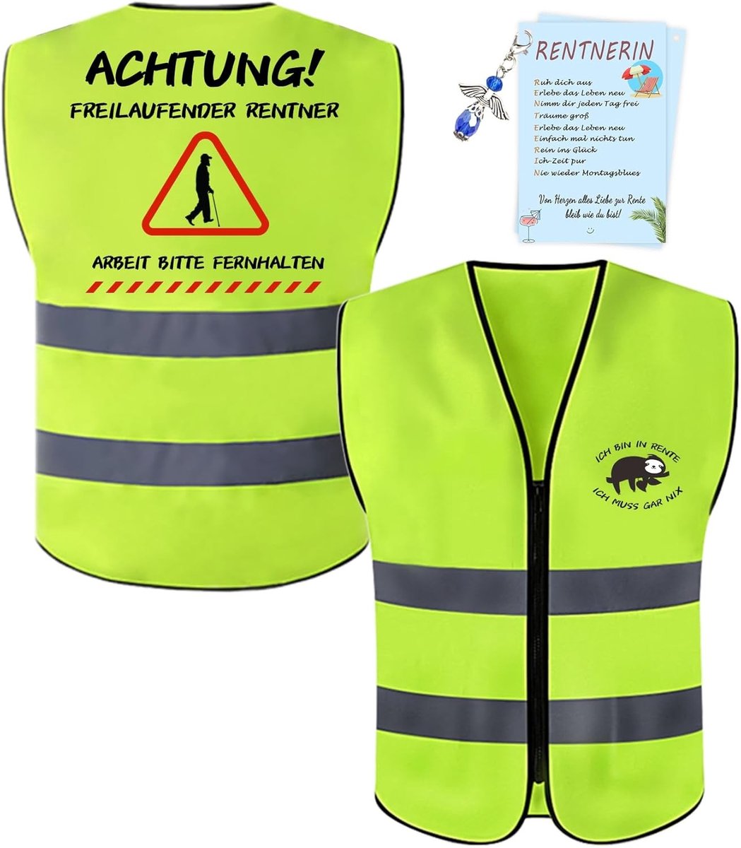 Grappig Reflecterend Vest voor Mannen met Print "Attention! Free Running Retiree" als Origineel Verjaardagscadeau, Kostuum en Afscheidsgeschenk met Engel Pendant Kaart