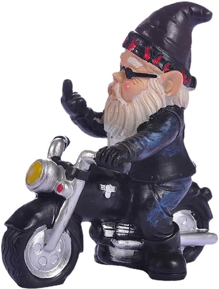 Motorbeeldje, verticale middelvinger-dwergsculptuur, water- en zonbestendige tuindecoratie, tuinkabouter, grappig en grappig, motorcadeaus voor mannen, balkondecoratie