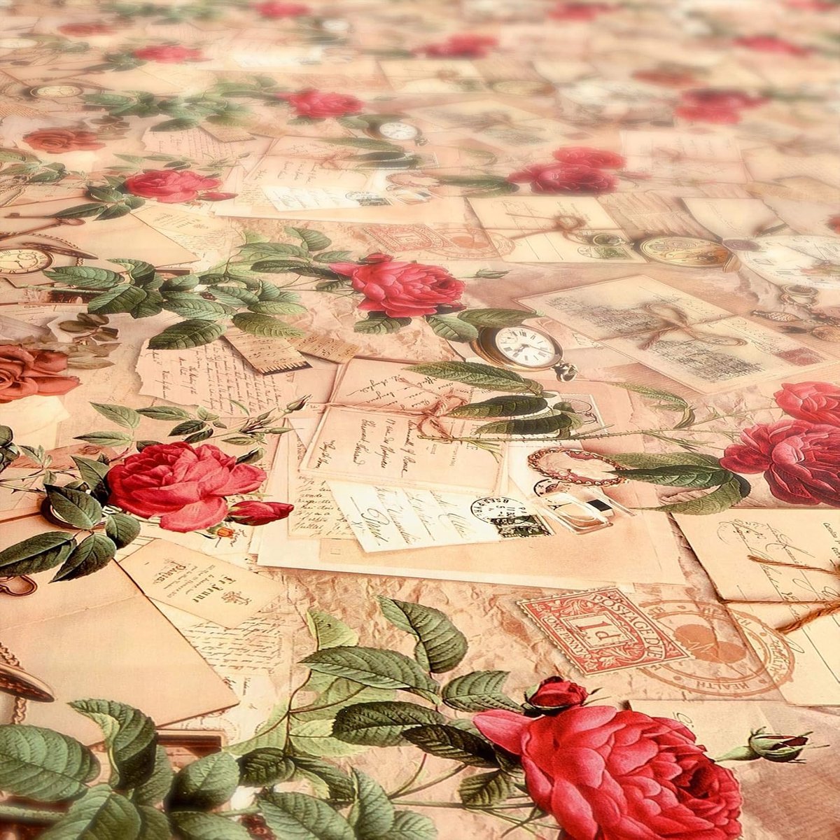 Tafelzeil tafelkleed landhuis met rozen en letters, kunstvezel, snijrand, 240 x 140 cm