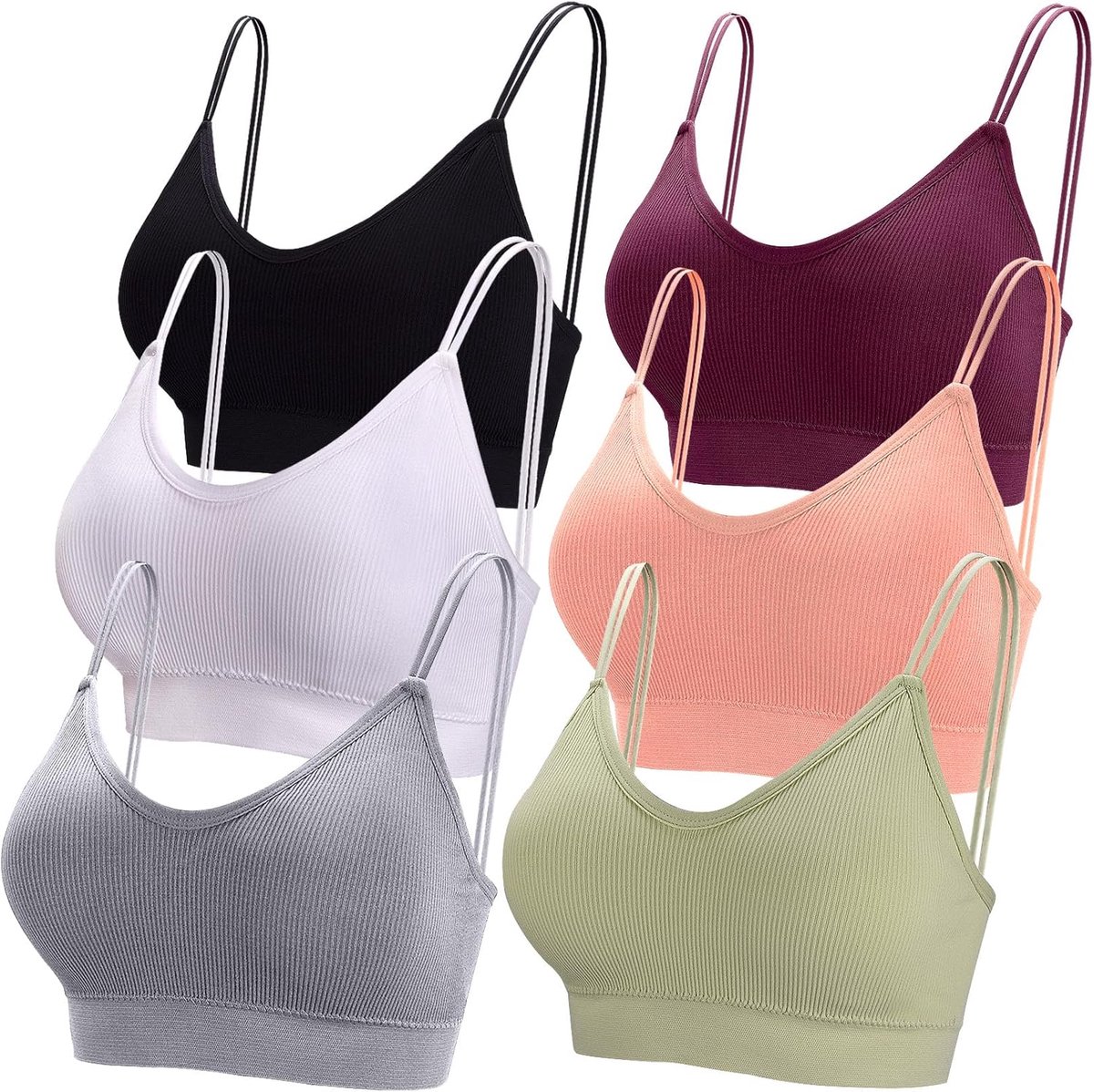 Bralettes met V-hals voor vrouwen, gewatteerde bralette met bandjes, naadloze beha, 6 stuks