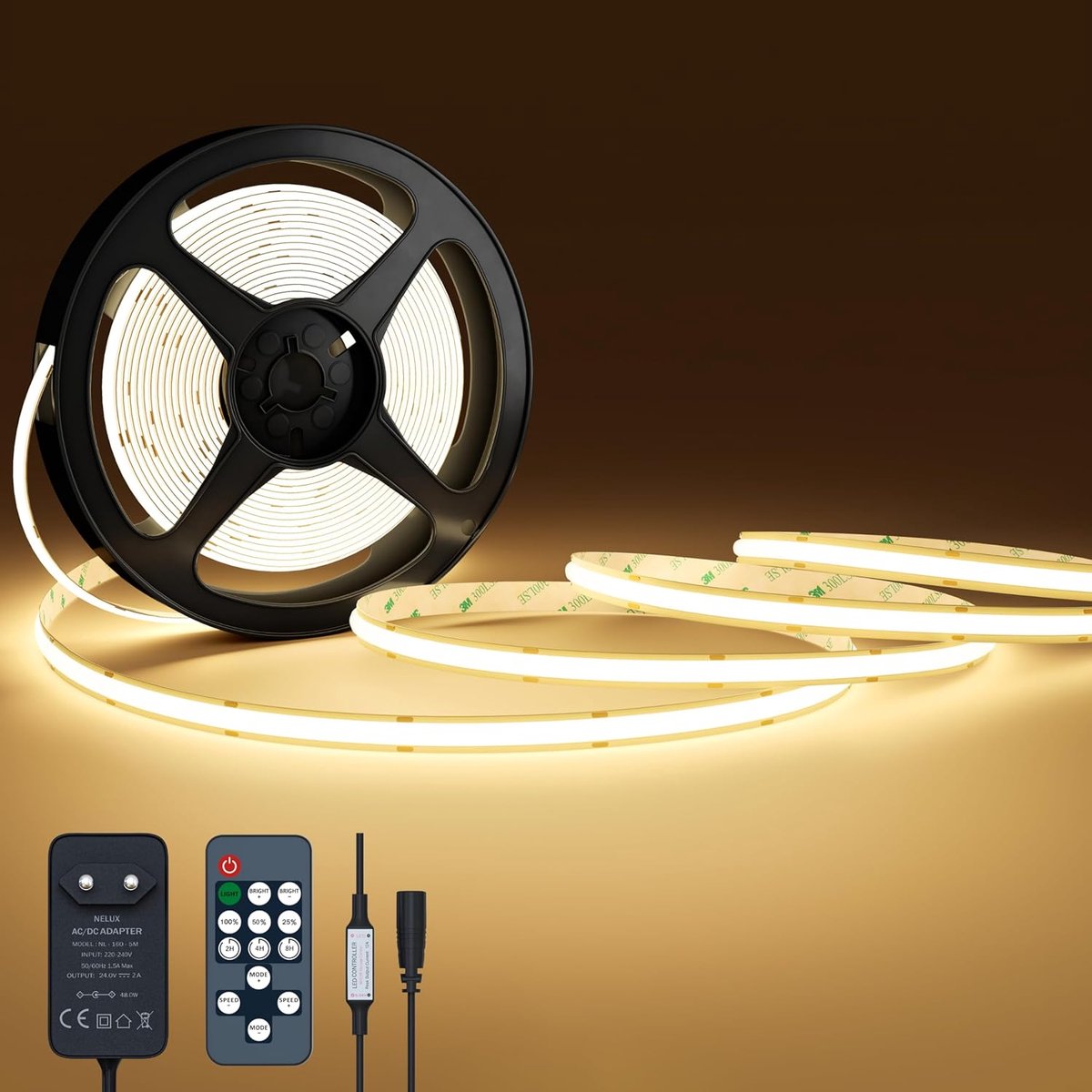 LED Strip Light 5 meter Warm Wit | LED Lights Warm White | Ledstrip Verlichting Indirect Dimbaar - Wit Licht Decoratie TV Keuken | Incl. Zelfklevend, Dimmer & Voeding 24V | 480LED/m (2700K)