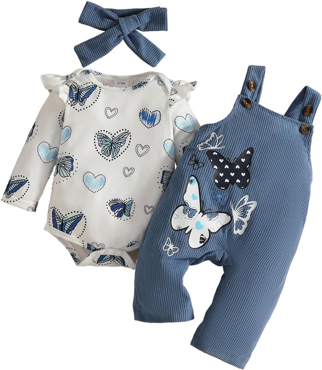Babykleding voor meisjes, herfst, schattig, bedrukt, liefde, romper, top + cartoon-beer, tuinbroek, hoofdband, 3-delige set, 0-18 maanden