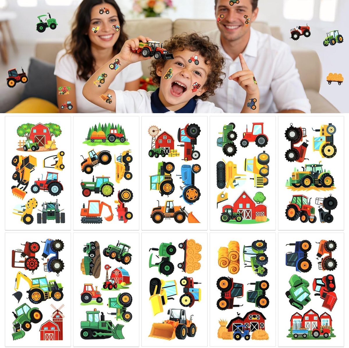 Tijdelijke tatoeages, boerderijauto's, vrachtwagens, graafmachines, nep-tatoeagestickers voor kinderen, verjaardagsfeesten, geschenken, materialen, decoraties.
