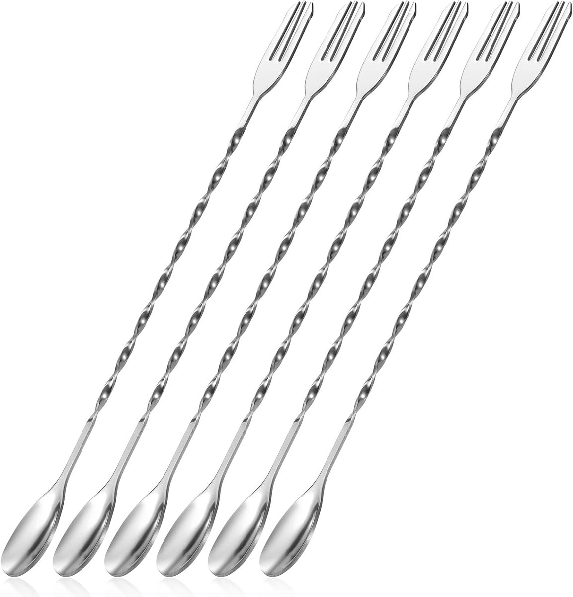 6 stuks cocktaillelepels, barlepels, roestvrij staal, cocktail-roerlepel vork, lange spiraalpatroon, cocktail-mixlepel 32 cm (zilver)