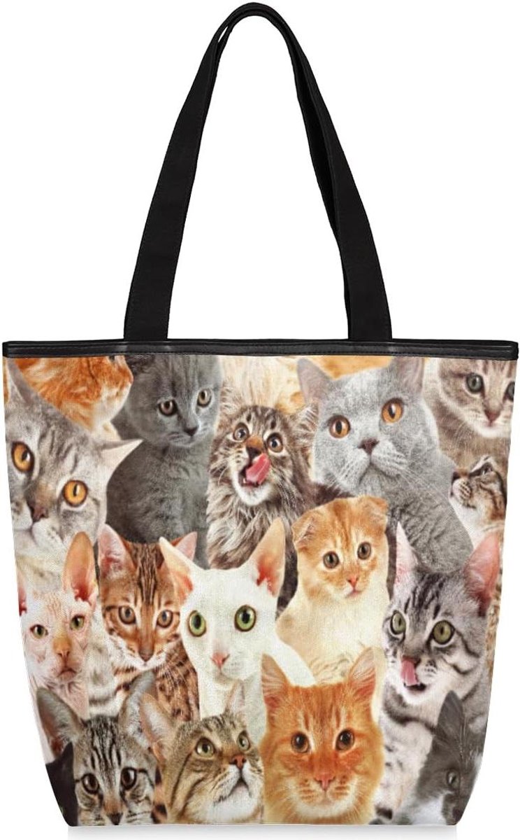 Dames Handtas - Schoudertas Shopper - Dagelijks Gebruik - Opdruk Kattenprint - 28 x 10 x 34.5 cm - Geel