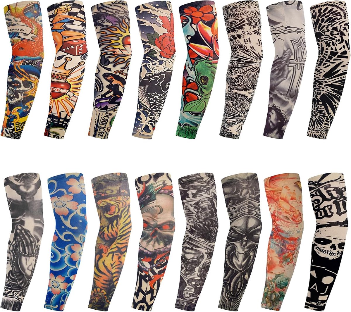 16 stuks tattoo-mouwen, tattoo-afdekking, armmanchetten voor mannen en vrouwen, tattoo-mouwen voor zonwering, carnaval, hitte (40 x 8,5 cm)
