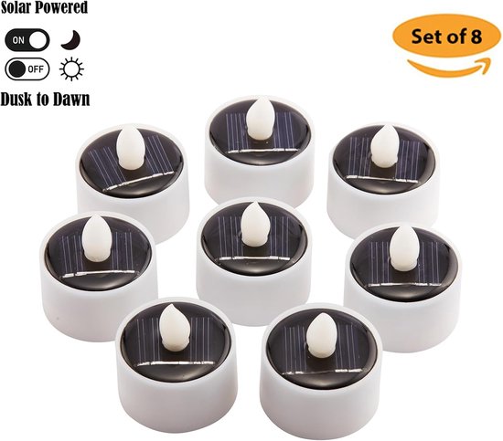 Set van 8 witte theelichtjes op zonne-energie met zonnepanelen bovenop en 'vlamloze' witte vlammen.
