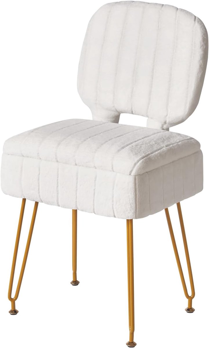 Rechthoekige make-upstoel met opbergruimte, opvouwbare rugleuning kleine make-upstoel, 42 x 31 x 72 cm, fluwelen schattige Ottomaanse kruk voor woonkamer, met antislipvoeten, wit WBD030W