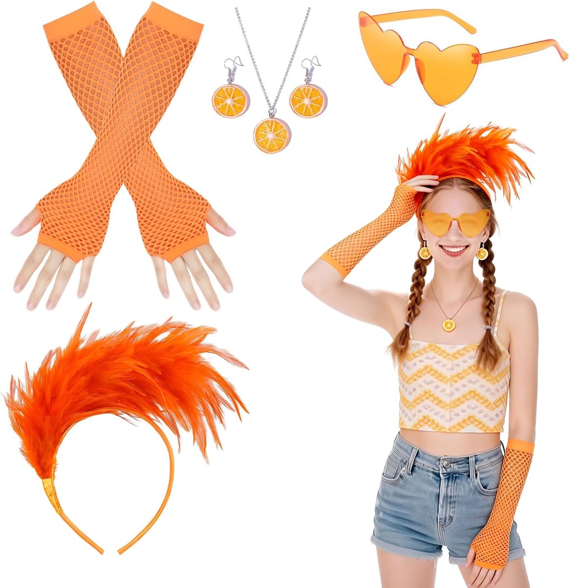 carnavalskostuum voor dames, Aperolkostuum voor dames, sinaasappel-kostuumaccessoires, oranje haarband, hart, bril, oorbellen, halsketting, nethandschoenen, oranje, fruit, carnaval
