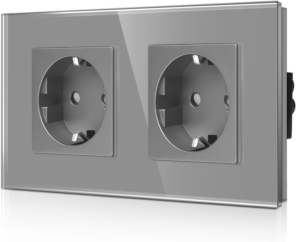 Dubbel Schuko-stopcontact met gehard glas, grijs, dubbel Schuko-stopcontact met kinderbeveiliging, 16 A, geaard stopcontact, wandstopcontact met glazen frame