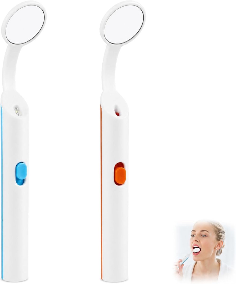 Tandspiegel met ledlicht, 2 stuks, anti-condensspiegel met gebogen hoek en ergonomische handgreep, accessoires voor tandverzorging, mondinspectie, blauw en oranje, praktisch gebruik