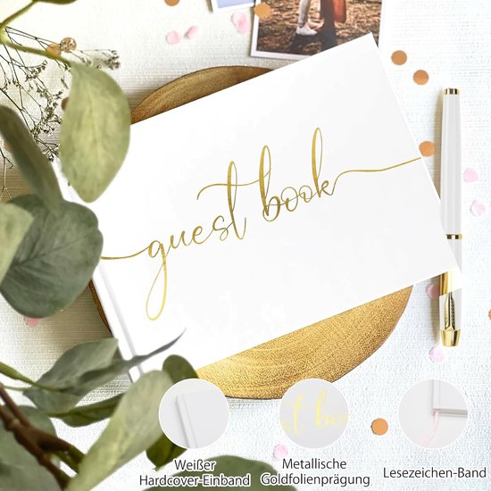Gastenboek voor bruiloft, bruiloftsboek, gastenboek, babyshower, gastenboek, gastenboek, verjaardag, doop, gastenboeken, 100 blanco pagina's, bruiloftsgastenboek met stift, wit — afbeelding 2