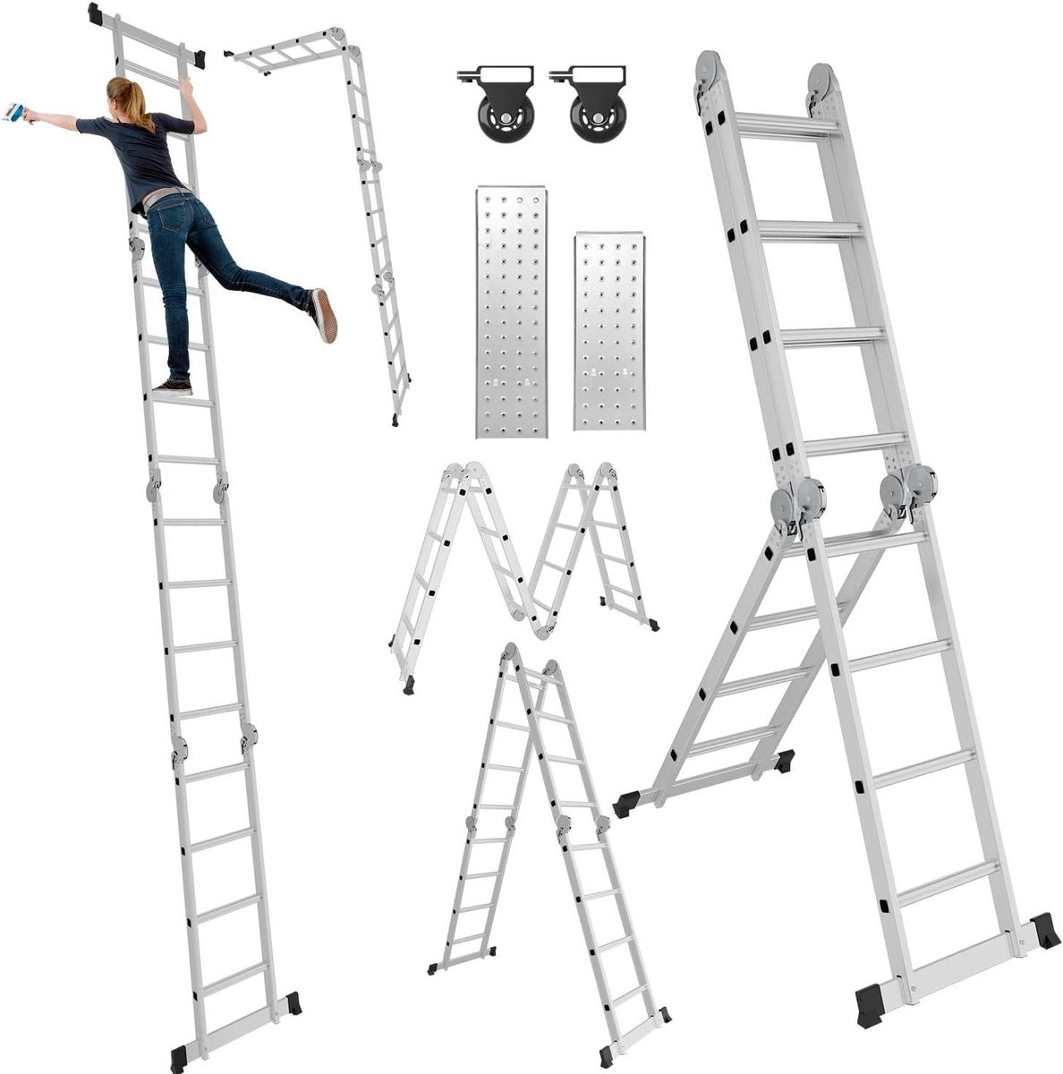Multifunctionele Ladder - Vouwladder Steiger - Klussen en Onderhoud - Aluminium 7-in-1 - Tot 5.8 Meter - Zilver