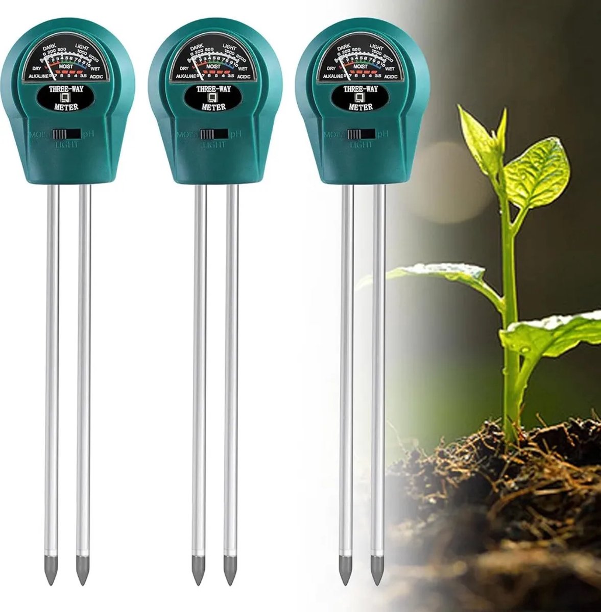 Set van 3 plantenbodemvochtigheidsmeters, een drie-in-één bodemtester die pH-waarde, luchtvochtigheid en lichtintensiteit meet. Geschikt voor tuinbouw, gazons, tuinen, landbouw en buitenplanten. Accessoires voor tuin en kas.
