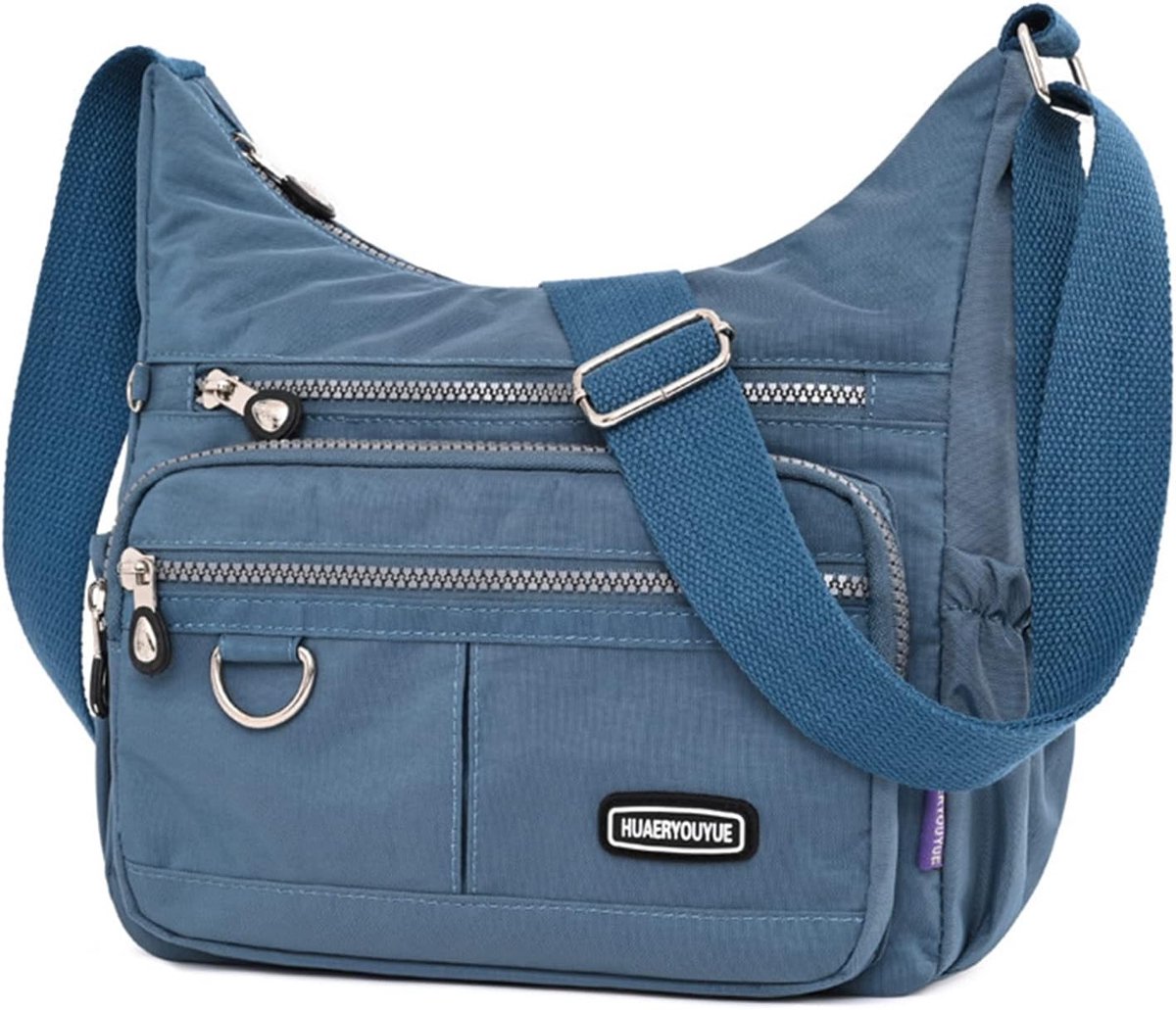 SnelShoppen - Lichte Meervoudige Vakken Schoudertas voor Dames, Waterdichte Nylon Handtas Lichtblauw, Multifunctionele Sportieve Tas voor Dagelijks Ge