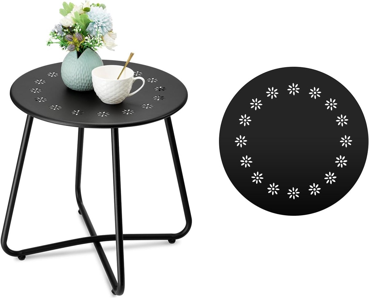 SnelShoppen - Bijzettafel voor Buiten, Balkon Tafel Klein met Bloemenuitsparingen, Weerbestendige Tuintafel, Zwart voor Tuin, Terras, Binnenplaats, Ca