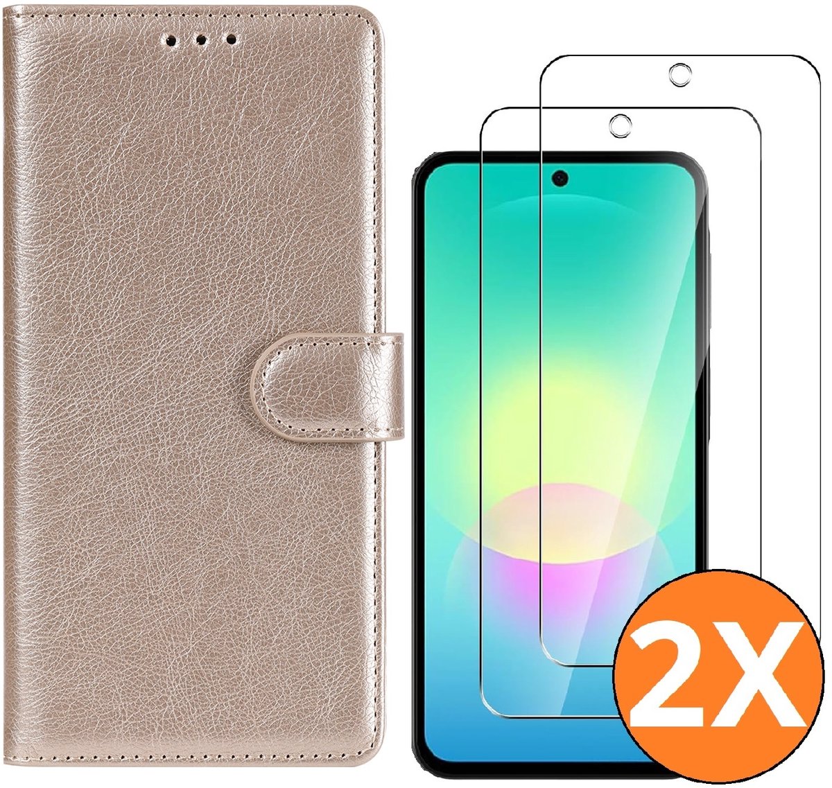 Hoesje geschikt voor Samsung Galaxy A27 5G Hoesje Goud met Pasjeshouder + 2x Screenprotector Tempered Glass – Schokbestendige Wallet Telefoonhoes