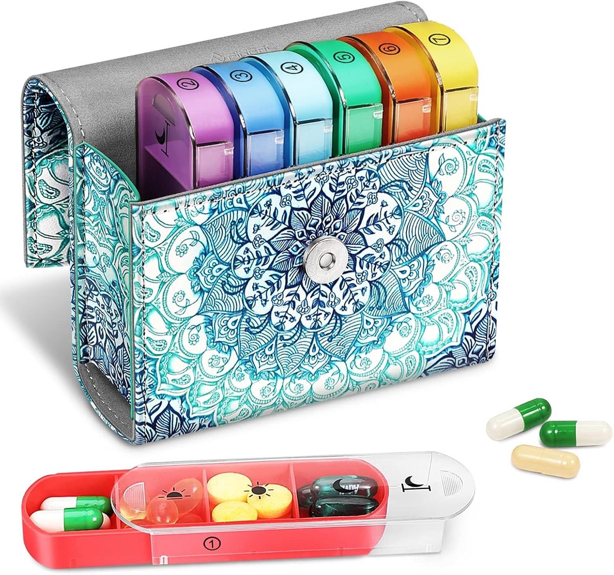 Tablet Box voor 7 Dagen met 4 Compartimenten - Pillendoos voor 4 Keer per Dag met Nepleren Tas en Naamkaart voor Vitaminen en Medicijnen in Emerald Blauw