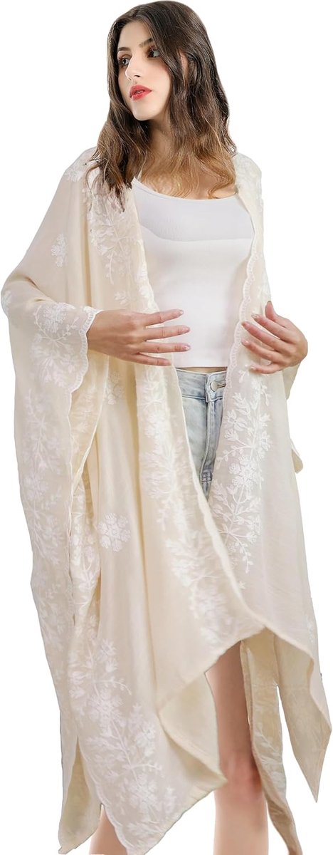 geborduurde bloemen kimono strand dames losse kaftan boho strand bikini cover up lange shawl voor dames