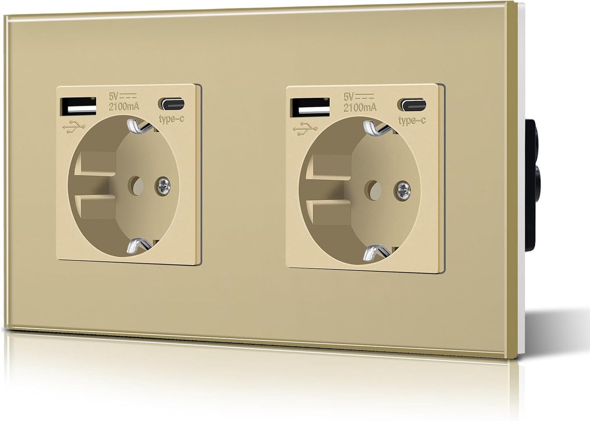 Wandcontactdoos met 2 standaard geaarde stopcontacten van 2,1 A, verbeterde USB-oplaadpoort en type C-ingang met glasplaat, eenvoudige installatie, 157 mm - goud