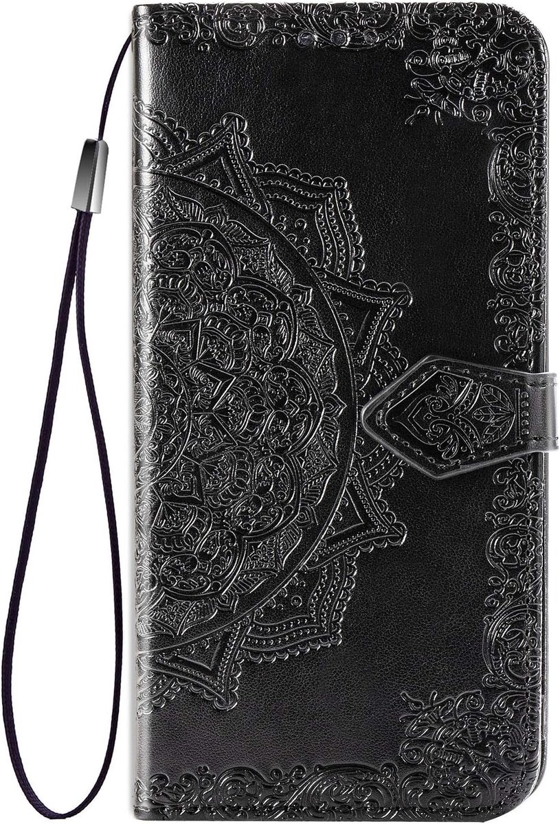 Hoesje voor Huawei P Smart Z, Lederen Mandala Phone Case Flip Cover met Kaarthouder, Staan, Siliconen Bumper en Magnetische Sluiting Holster Etuis Skin voor Huawei P Smart Z, Zwart