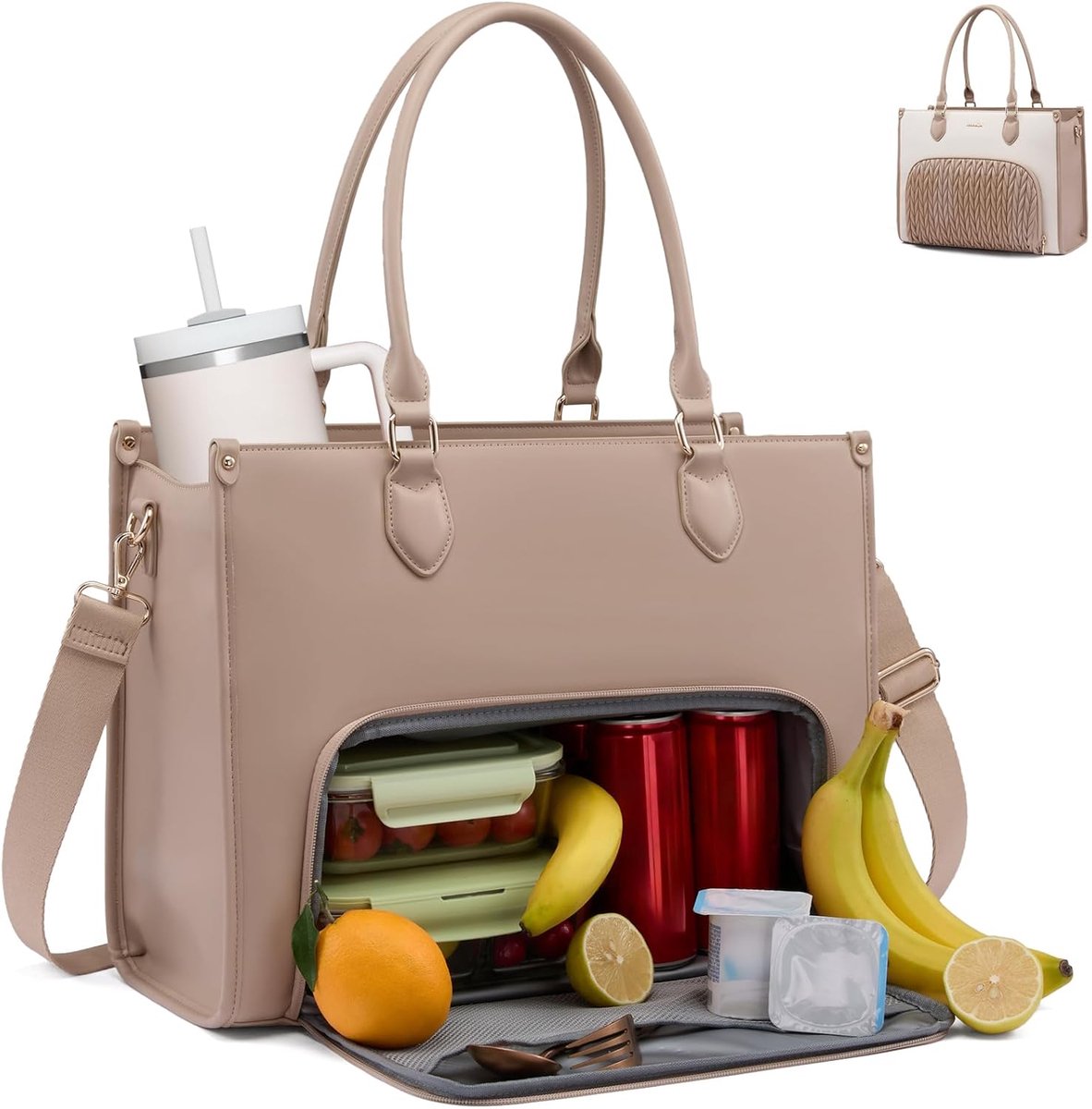 Werktas voor dames met geïsoleerd koelvak, middelgrote handtas, 15,6 inch laptoptas, leer, grote lerarentas, lunchtas, aktetas voor school, universiteit, kantoor, business